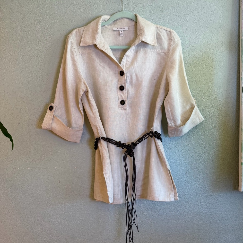 JM Collection Linen V Neck Half Button Down 3/4 Sleeve Bohemian Natural Tan Top